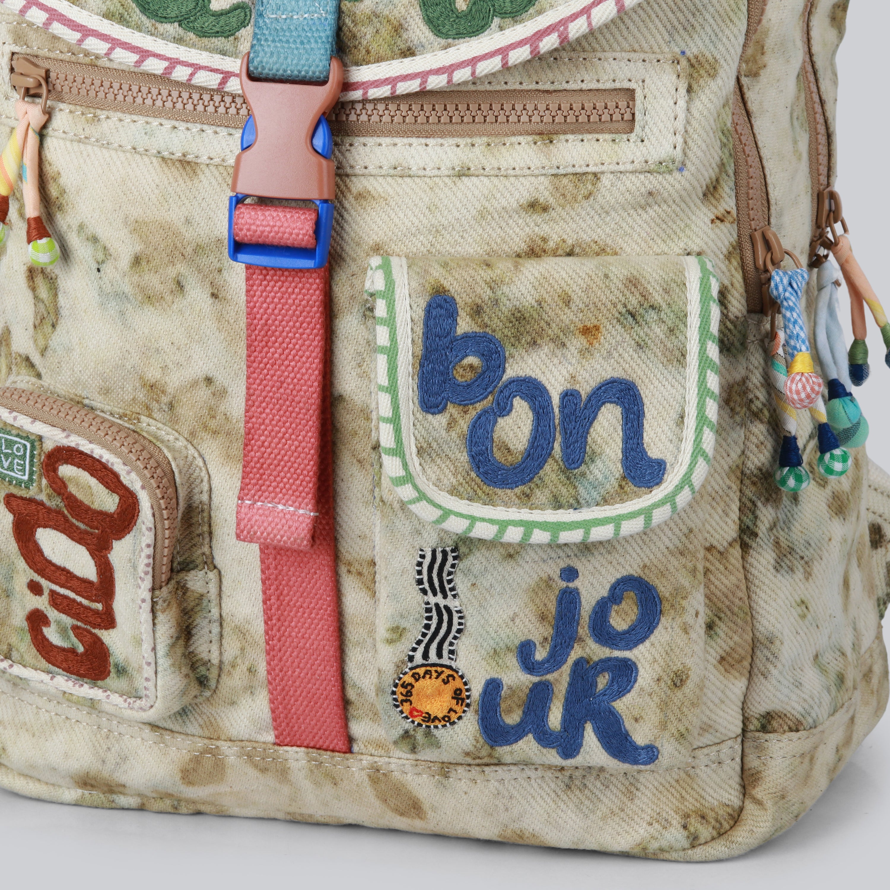 CHINCHILLA-Bonjour Embroidered Bag with Handmade Splatter Print Fabric