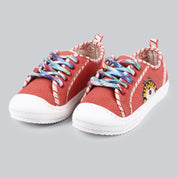 Kakapo - Solid Red Denim Shoes With Tiger Patch Embroidery