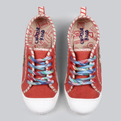 Kakapo - Solid Red Denim Shoes With Tiger Patch Embroidery